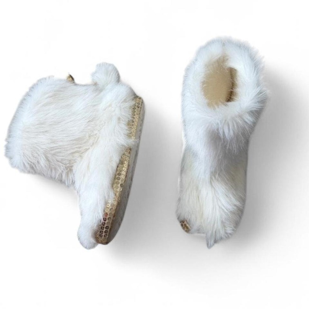Candies Gold Sequin Trimmed White Faux Fur House‎ Booties